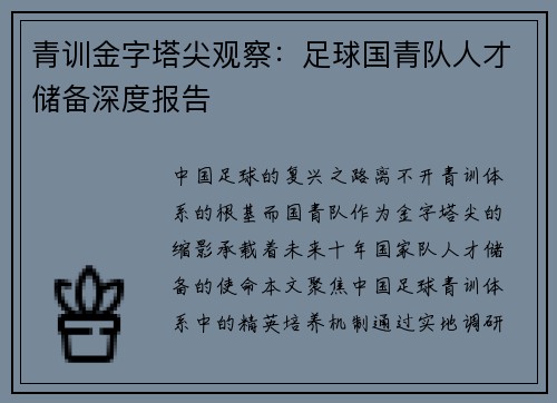 青训金字塔尖观察：足球国青队人才储备深度报告