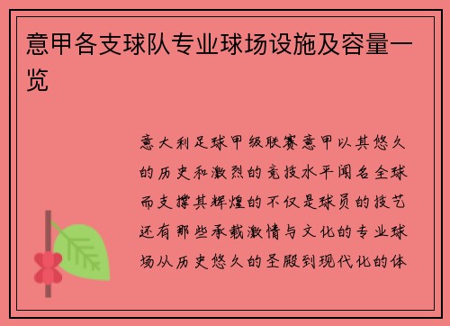 意甲各支球队专业球场设施及容量一览